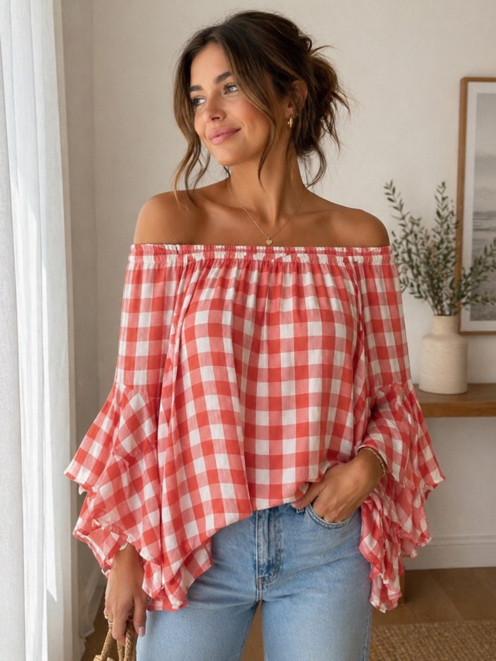 Fever  Women Coral and White Gingham Off-Shoulder Blouse Size: Large
